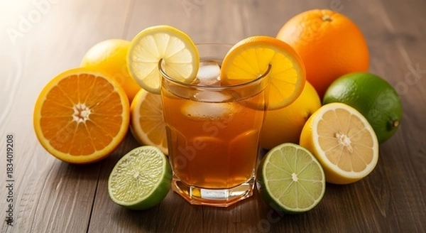 Obraz Refreshing Citrus Beverage with Lemon, Orange, and Lime on Wood Table