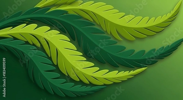 Obraz Serene Botanical Arrangement of Dimensional Green Ferns on Green Background