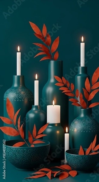Obraz Tranquil teal still life with candles and copper foliage for elegant mood