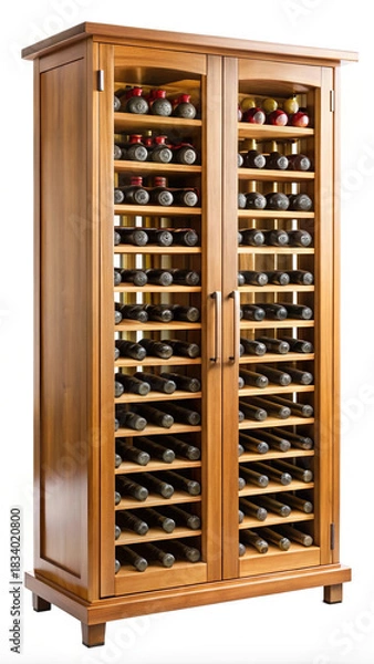 Obraz Elegant wooden wine cabinet filled with many bottles on white