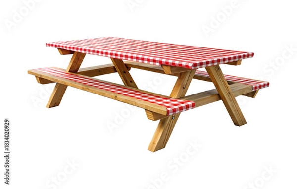 Obraz Traditional wooden picnic table with red checkered tablecloth
