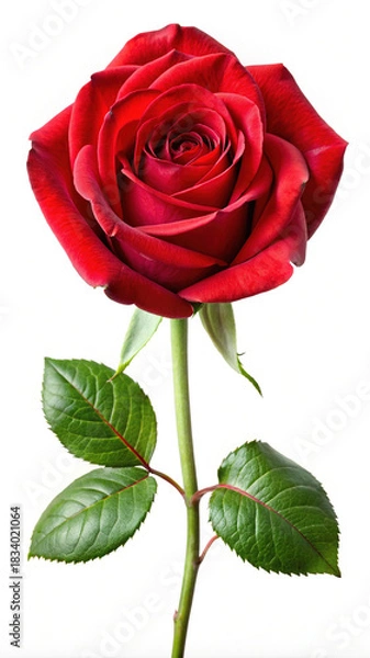 Obraz Red rose with vibrant petals, green stem, and leaves isolated
