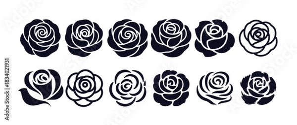 Obraz Rose black silhouette set botanical floral decorative elements without stem isolated on white background