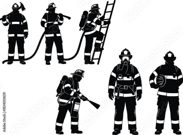 Fototapeta Firefighter silhouette vector, emergency rescue, fire hose, ladder climb, axe, fire extinguisher, gas mask, helmet hold, black background, gear