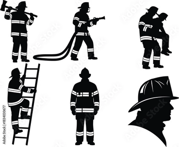 Fototapeta Firefighter silhouette vector, emergency rescue, fire hose, ladder climb, axe, rescue carry, helmet profile, black background, gear, bravery