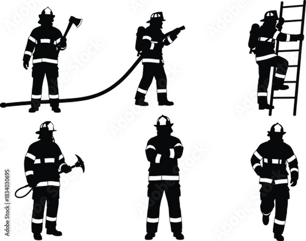 Fototapeta Firefighter silhouette vector, emergency rescue, fire hose, ladder climb, axe, walking pose, rope tool, bravery, black background, gear