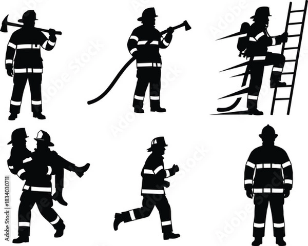 Fototapeta Firefighter silhouette vector, emergency rescue, fire hose, ladder climb, axe, rescue carry, running pose, black background, gear, bravery
