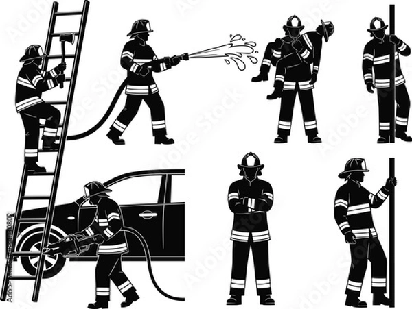 Fototapeta Firefighter silhouette vector, rescue scene, ladder climb, pole slide, jaws of life, fire hose, emergency gear, brave hero illustration