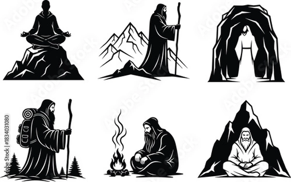 Fototapeta Mountain monk illustration, spiritual journey, lantern walk, cave meditation, campfire scene, nature solitude, vector art, robe figure, staff, wilderness