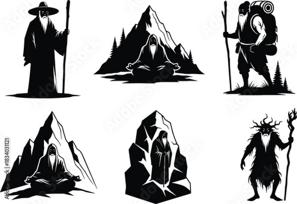 Fototapeta Mystical wizard illustration, forest mountain setting, staff pose, meditation, lantern guidance, fantasy character, robe figure, vector art, nature, solitude