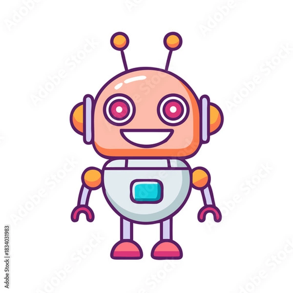 Fototapeta Cartoon Robot Character Icon with Round Head and Glowing Elements, Vector Illustration