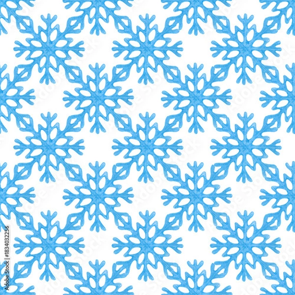 Fototapeta Beautiful geometric seamless pattern with blue snowflakes on an isolated background. Winter pencil drawing with snowflakes for winter themes and Christmas decorations.
