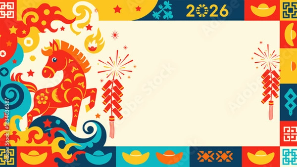 Fototapeta Dynamic Chinese New Year 2026 design featuring a spirited zodiac horse amidst fireworks and auspicious patterns, ideal for festive greetings