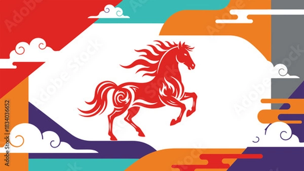 Fototapeta Dynamic red horse illustration amidst vibrant abstract elements, evoking themes of strength, prosperity, and festive energy for cultural celebrations