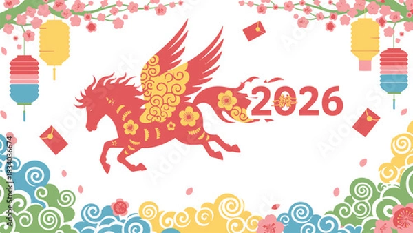 Fototapeta Dynamic Year of the Horse 2026 illustration with winged steed, festive lanterns, cherry blossoms, and auspicious clouds