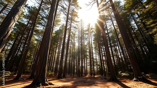 Obraz A hyperrealistic portrayal of a sun-drenched forest clearing, towering trees with detailed bark textures, soft volumetric light, rich earthy tones, naturalistic photography style, wide-angle lens