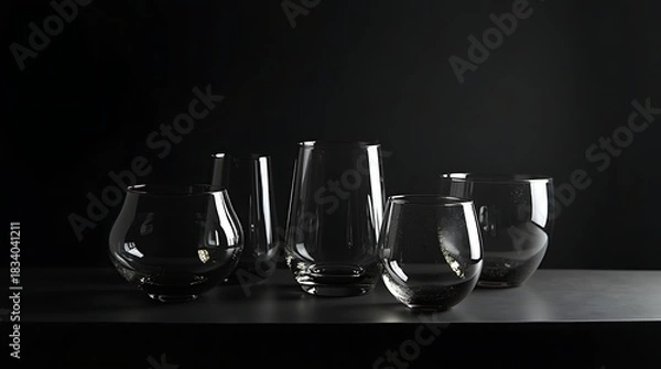 Obraz Unique studio product photo: Elegant, sculptural drinking glasses crafted from 100% recycled industrial carbon emissions, with a smoky charcoal hue and swirling silver inclusions.