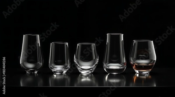 Obraz Minimalist composition emphasizing sophistication: Dramatic studio lighting highlights the translucent, artisanal quality of elegant drinking glasses made from recycled carbon emissions.