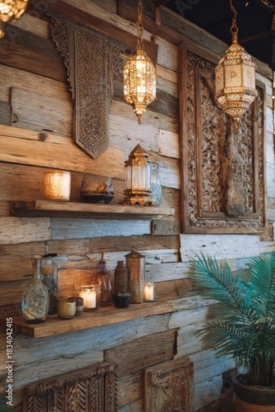 Fototapeta Rustic wooden wall adorned with shelves lanterns and decorative carved panels