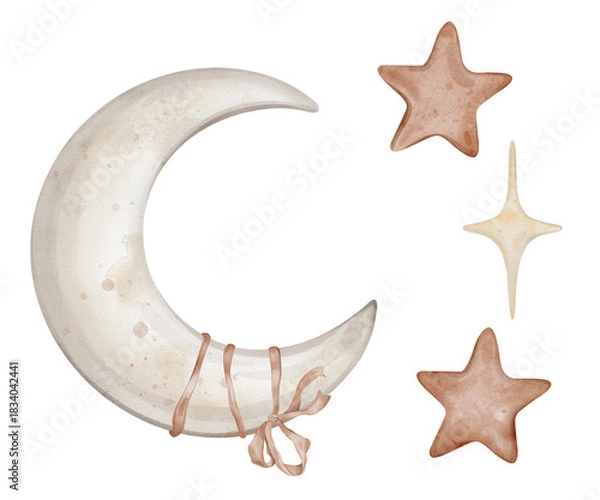 Fototapeta Set of watercolor illustrations with cute moon tied to ribbon and stars in pastel beige yellow and red colour. Drawing elements for dreamy atmosphere for kids greeting cards or nursery wall art.