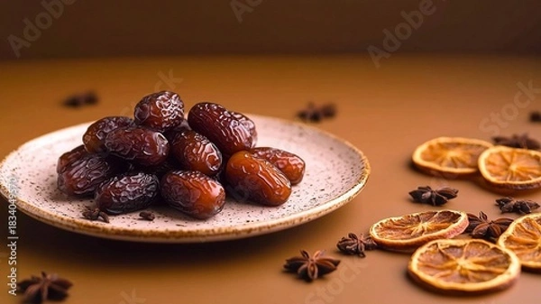 Fototapeta Natural Dates with Dried Orange Slices, Healthy Snack and Festive Table Decor, Nutritious Food Still Life, Modern Minimalist Food Design