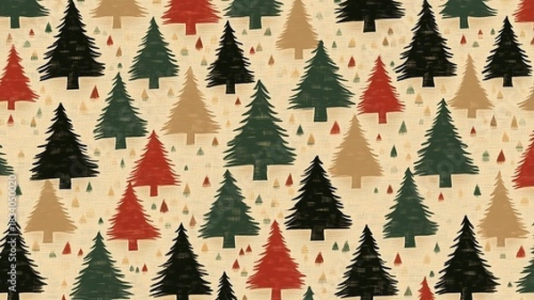Fototapeta Seamless Christmas Tree Pattern Background, Festive Decorative Element, Winter Hand-Drawn Illustration, Wrapping Paper Wallpaper Textile Design