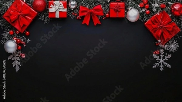 Fototapeta Christmas Gift Boxes with Pine Branches and Red Berries, Black Background Holiday Border Design, Winter Celebration Invitation Template, Creative Festive Elements