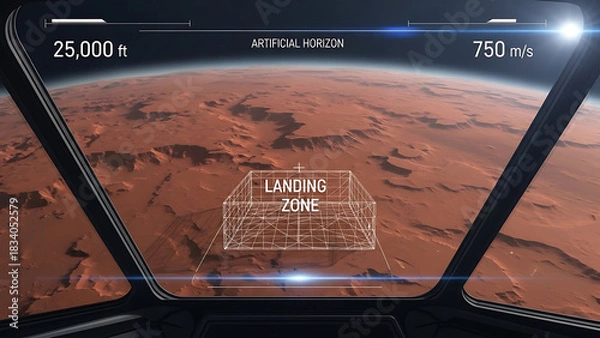 Fototapeta Spaceship cockpit view approaching mars with landing zone hud display.