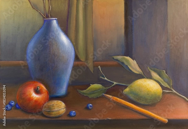 Obraz Still life with vase, fruit and pencil