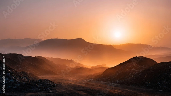 Fototapeta land with garbage, Garbage dump landscape of ecological damage contaminated land., plastic scrap in landfill, environmental problems pollution, waste or trash from household in waste landfill