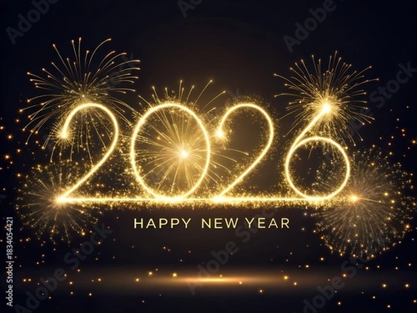 Fototapeta Sparkling 2026 New Year celebration with golden fireworks illuminating the night sky, creating a magical atmosphere of hope and joy for a fresh start