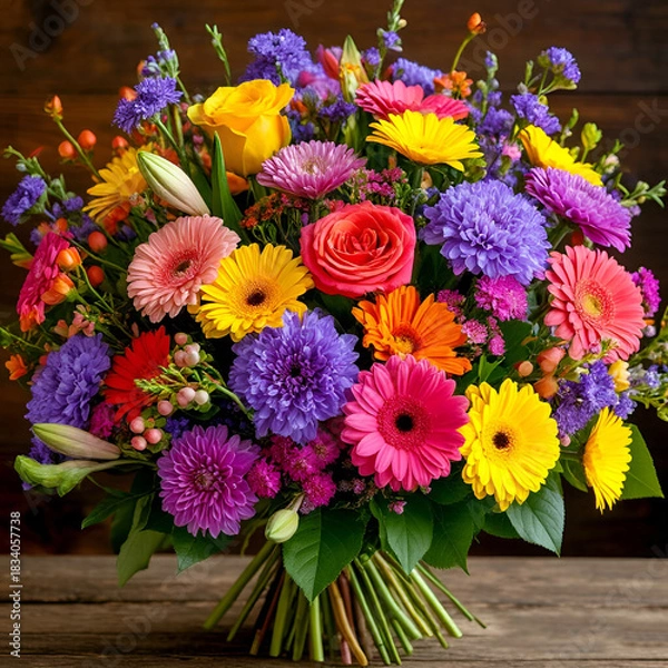 Fototapeta Vibrant Mixed Flower Bouquet on Dark Wood Background