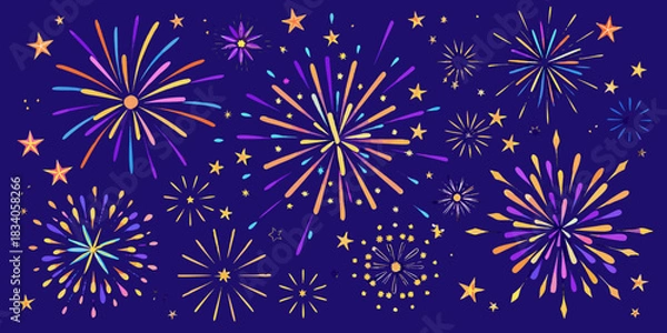 Obraz Colorful fireworks and stars on dark blue background for celebrations