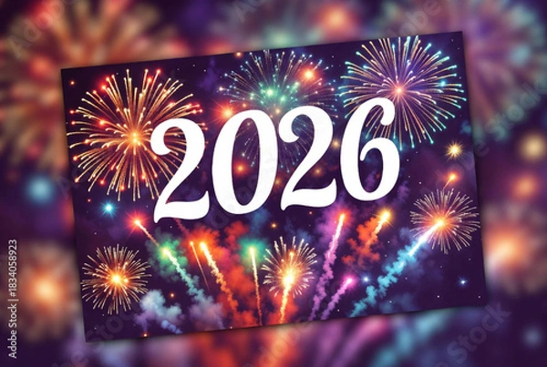 Fototapeta Sparkling 2026 New Year celebration with golden fireworks illuminating the night sky, creating a magical atmosphere of hope and joy for a fresh start