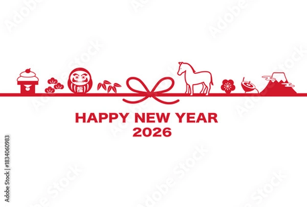 Obraz 年賀状2026　馬と縁起物のイラスト　テンプレート