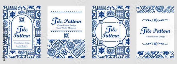 Obraz 冬タイルパターンとフレームデザインセット｜雪の結晶モチーフの北欧風背景 | コピースペース カード