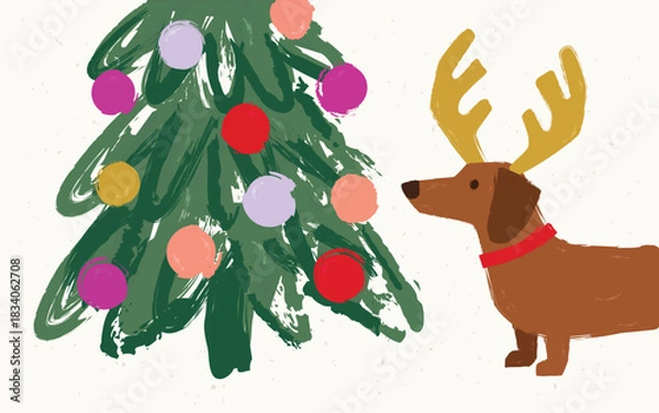 Fototapeta Cute dachshund wearing reindeer antlers admiring Christmas Tree