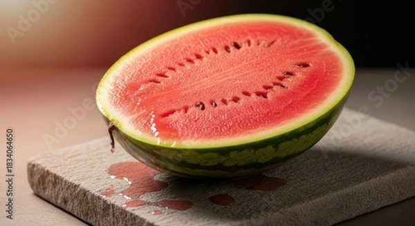 Obraz Juicy half of a fresh watermelon with seeds on a rustic surface