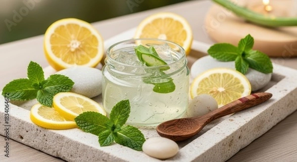 Obraz Refreshing lemonade with fresh mint and lemon slices on a tray