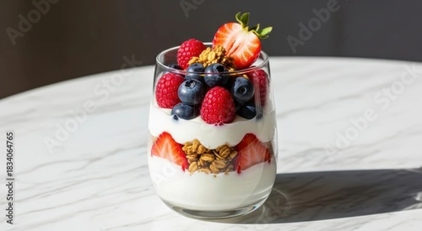 Obraz Delicious yogurt parfait with fresh berries and granola in glass