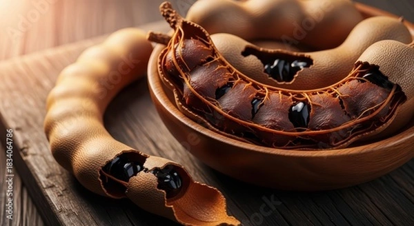Obraz Closeup of tamarind pods with pulp on a wooden board