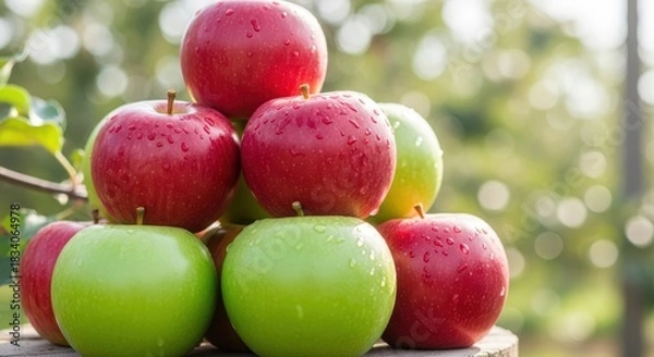 Obraz Stack of fresh red and green apples with water droplets outdoors