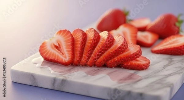 Obraz Sliced fresh strawberries on a white marble cutting board