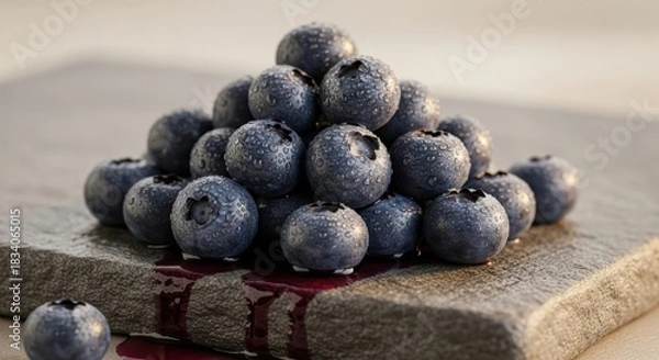 Obraz Pile of fresh blueberries with juice on a dark stone surface