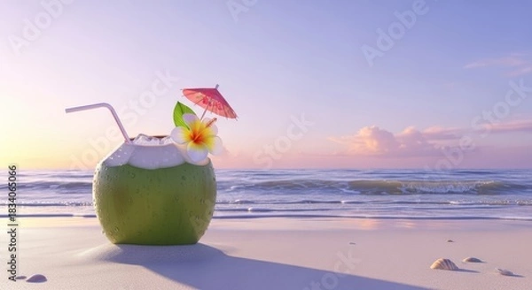 Obraz Refreshing coconut drink with umbrella on a sandy beach at sunset