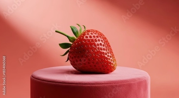 Obraz A single vibrant red strawberry on a pink velvet pedestal