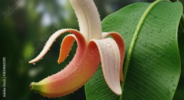 Obraz Partially peeled ripe banana with water droplets on a leaf