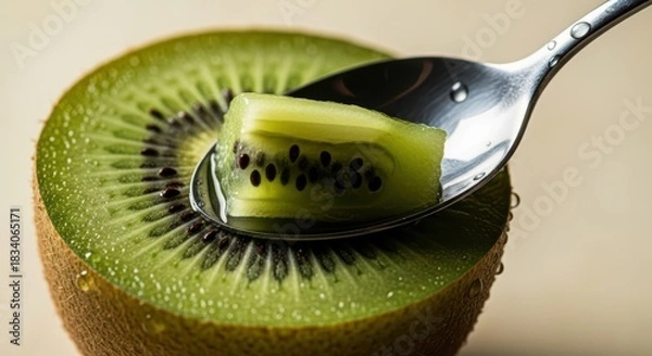 Obraz Closeup of a kiwi fruit with a spoon scooping out a piece