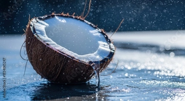Obraz Half coconut with water splashing and dripping on a wet surface