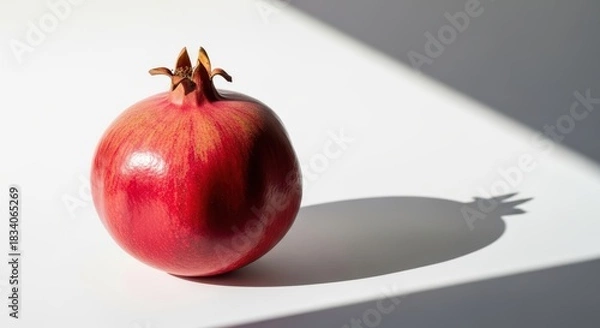 Obraz Vibrant red pomegranate fruit with strong shadow on white background